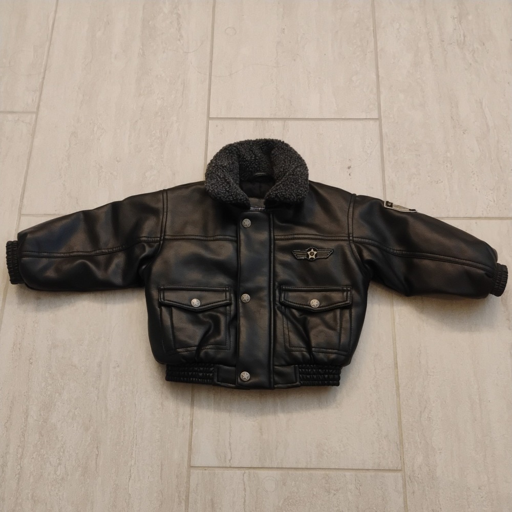 Big Chill Baby Boys Flight Bomber Jacket 18 Months Black Faux Leather Sherpa Zip